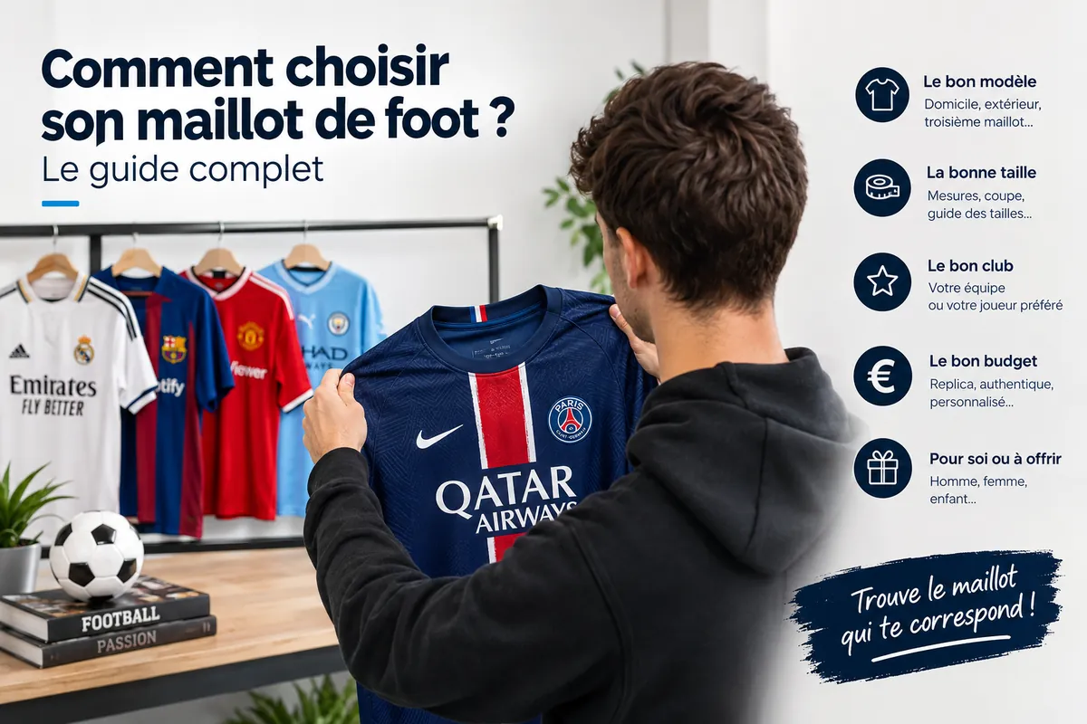 Homme regardant un maillot de football bleu marine à bande rouge devant un portant de maillots de clubs, avec le titre du guide