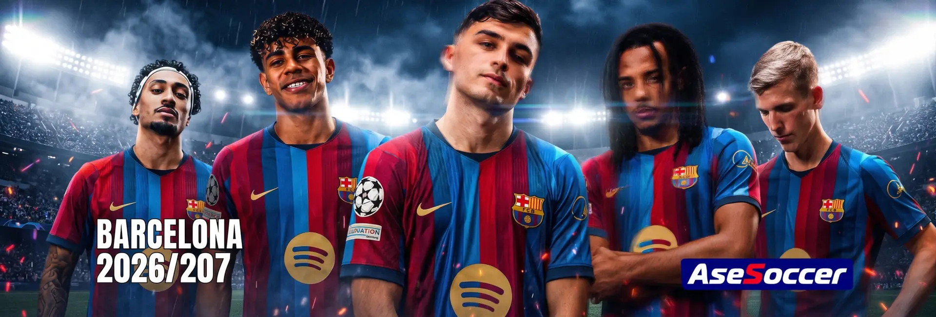 Joueurs du FC Barcelone en maillot bleu et grenat 2026/2027 sous les projecteurs d'un stade